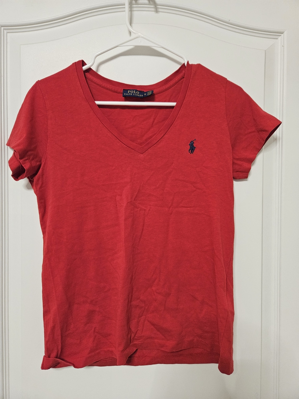 Ralph Lauren Women's Red V-Neck Polo Tee with Navy Pony